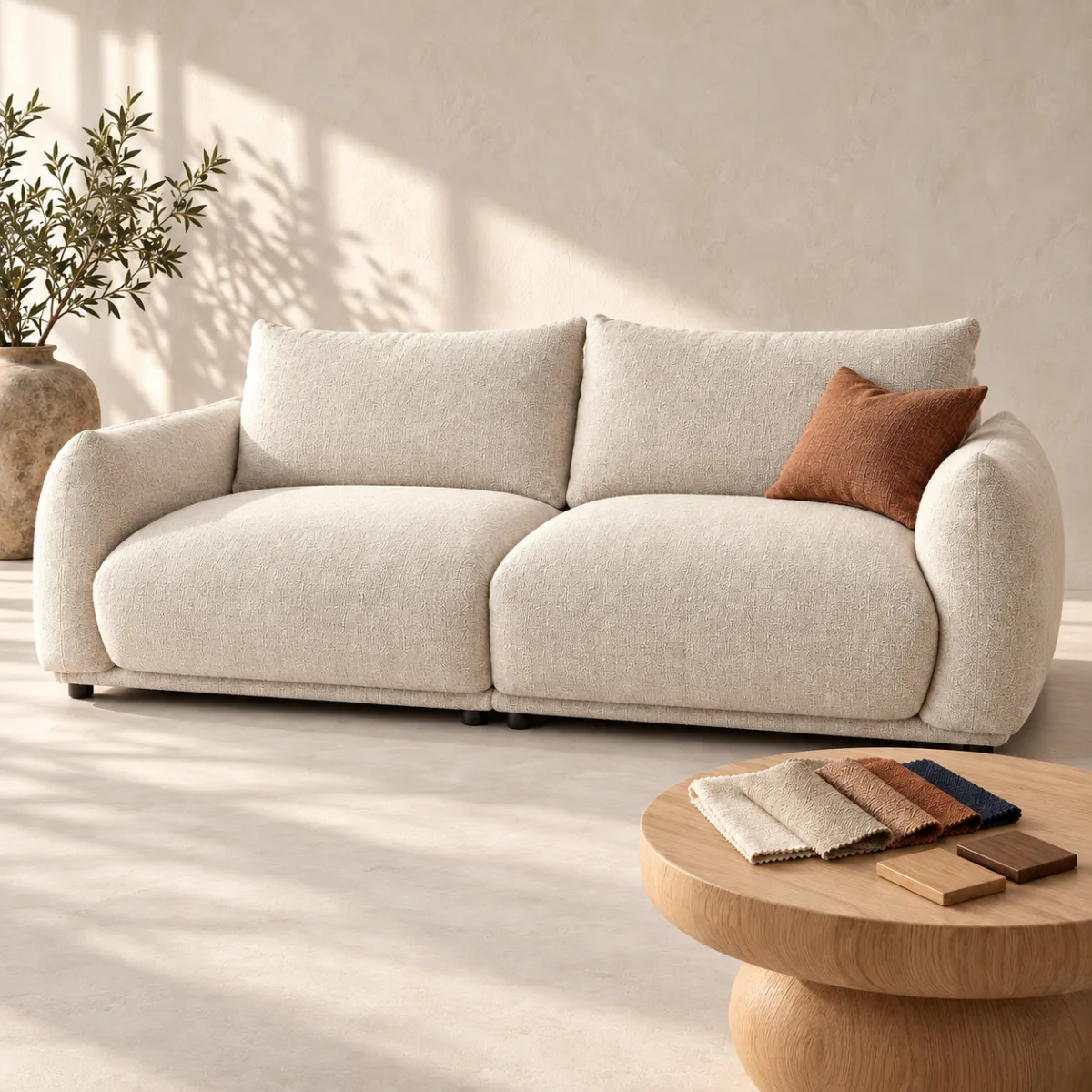 A Kanabco custom sofa with fabric and wood samples